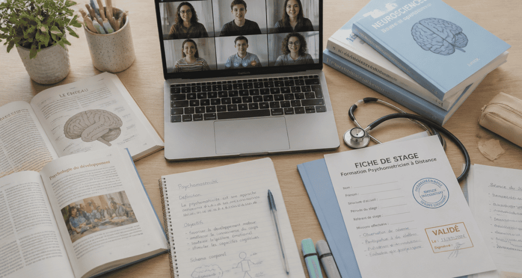 formation psychomotricien à distance, bureau étudiant, visioconférence, livres