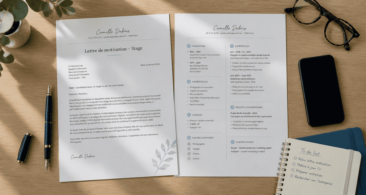 lettre de motivation stage et CV sur table