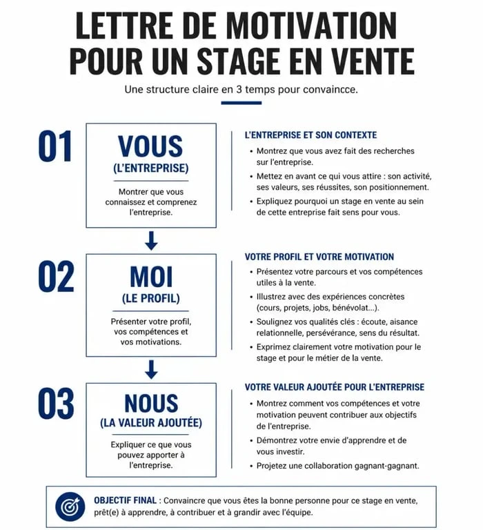 Infographie illustrant la structure Vous-Moi-Nous pour une lettre de motivation de stage en vente