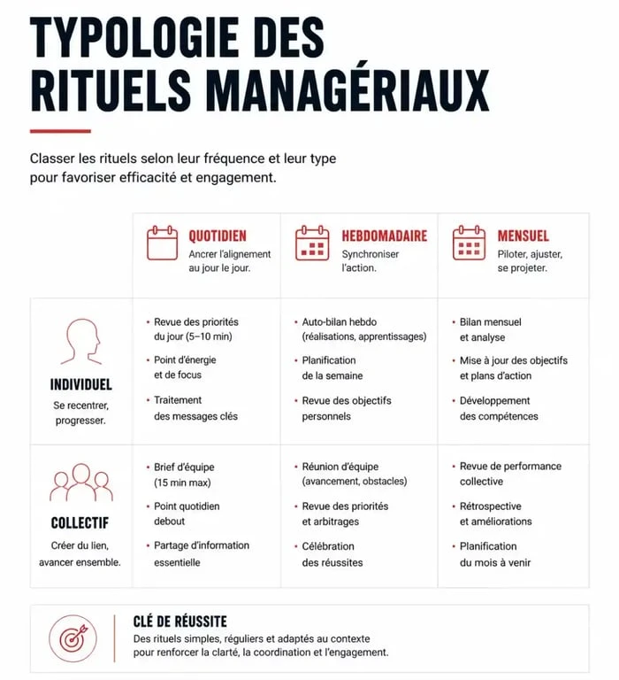Infographie sur la typologie et la fréquence des rituels managériaux pour une équipe performante