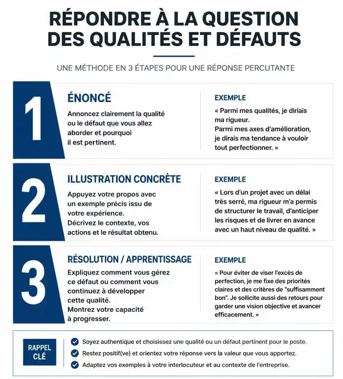 Infographie méthode pour présenter ses 5 qualités et 5 défauts en entretien d'embauche
