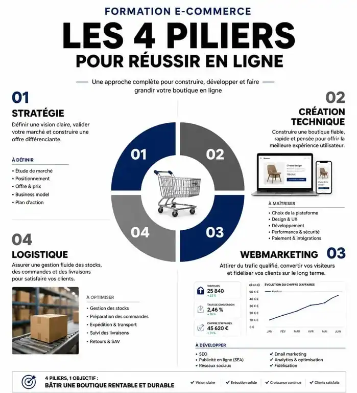 Infographie des piliers d'une formation e-commerce éligible au CPF