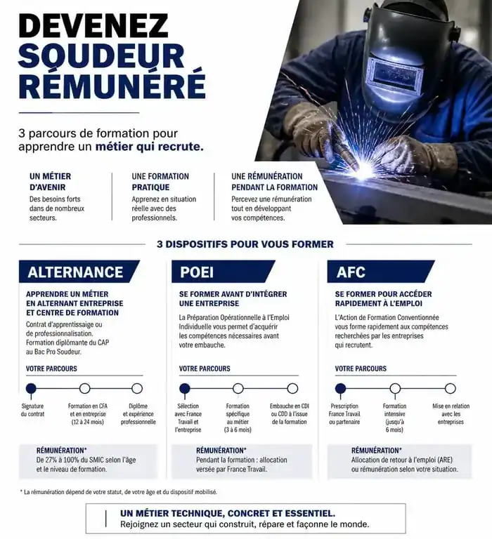 Infographie des dispositifs de formation soudeur rémunérée pour les demandeurs d'emploi et jeunes