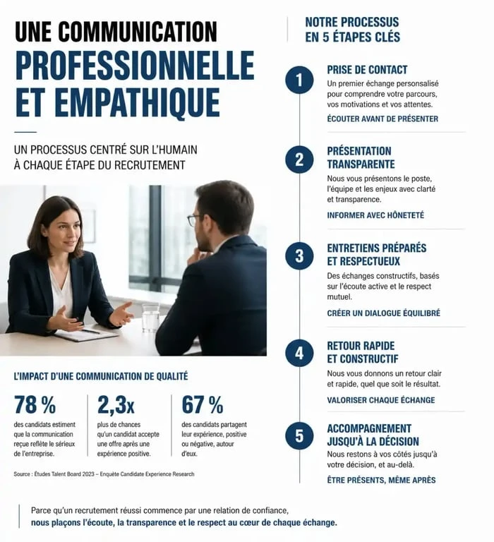 Illustration du processus de communication professionnelle pour un mail de refus de candidature suite à un entretien