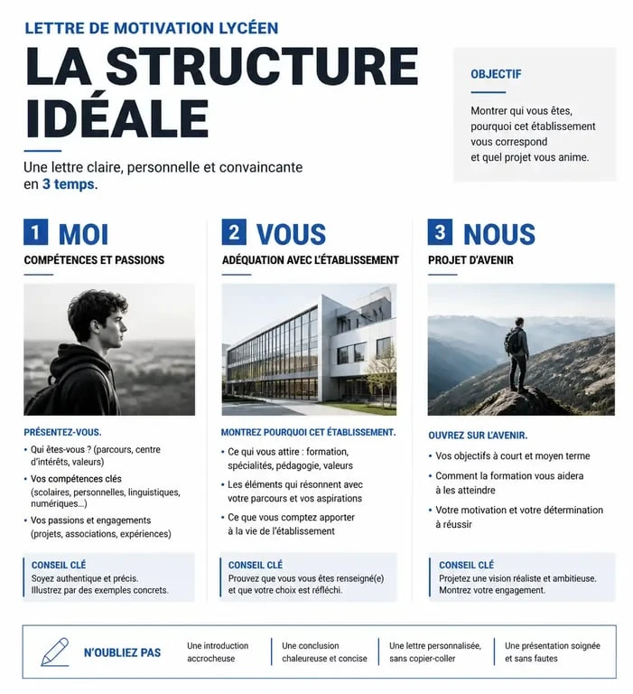 Structure d'une lettre de motivation pour lycéen : méthode Moi, Vous, Nous