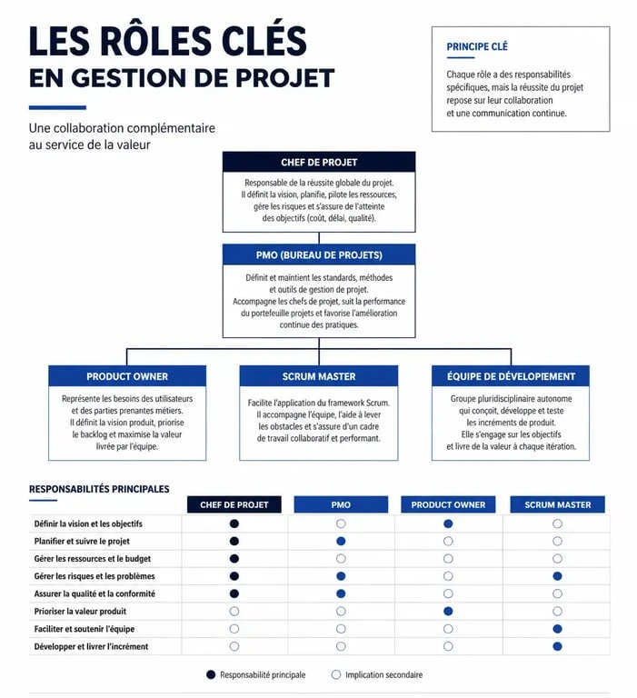 Infographie des métiers de la gestion de projet et leurs responsabilités
