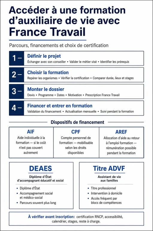 Infographie des étapes de formation et financement pour devenir auxiliaire de vie via France Travail