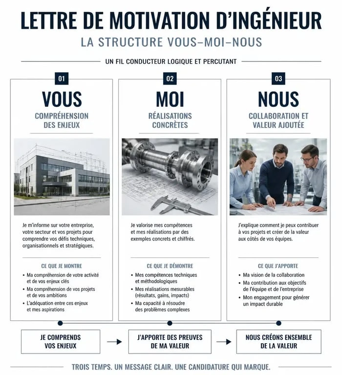Infographie de la structure Vous-Moi-Nous pour une lettre de motivation ingénieur efficace