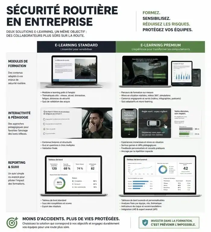 Infographie comparative des solutions e-learning pour la sécurité routière en entreprise