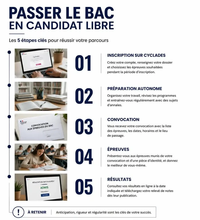 Étapes pour passer le bac en candidat libre : inscription, préparation et examen.