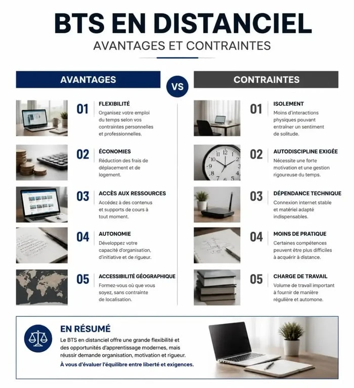 Infographie comparative des avantages et contraintes du BTS en distanciel pour les étudiants et salariés