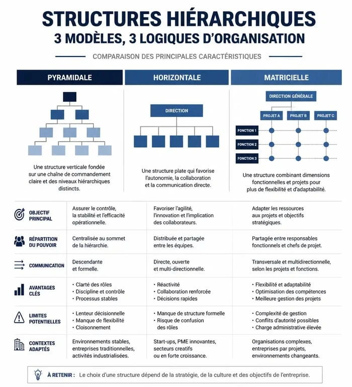 Schéma comparatif des structures hiérarchiques en entreprise : pyramidale, horizontale et matricielle