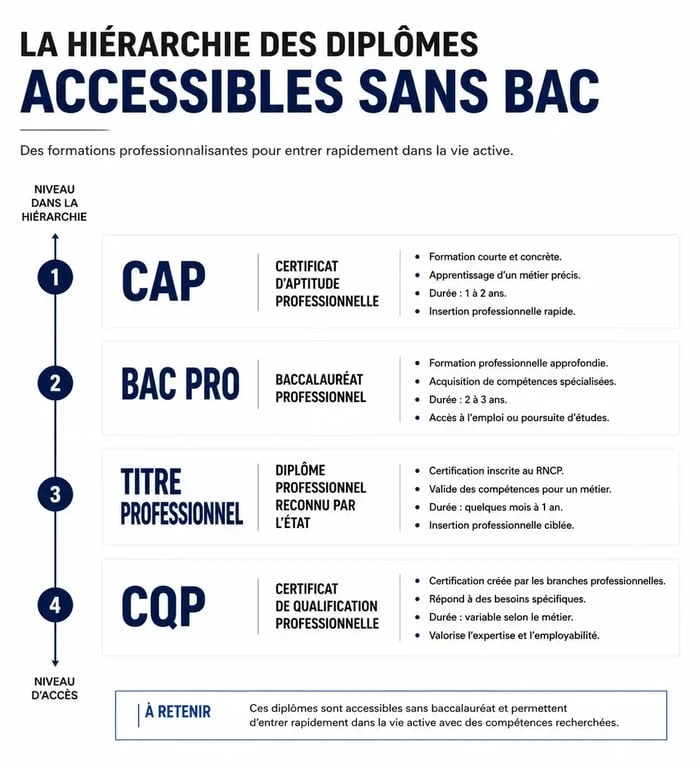 Infographie des diplômes et certifications accessibles en formation en alternance sans bac