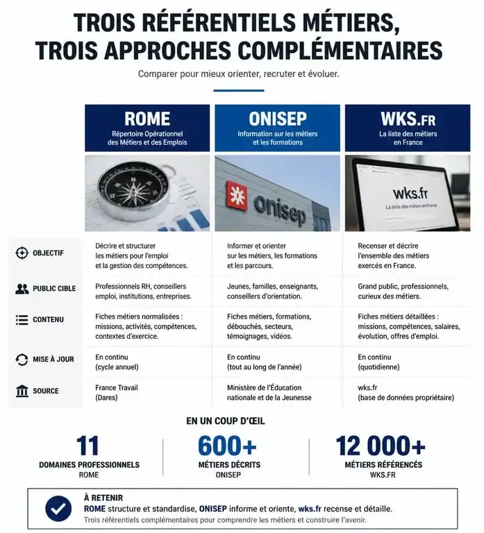 Infographie comparative des référentiels d'orientation : ROME, ONISEP et liste métier wks.fr