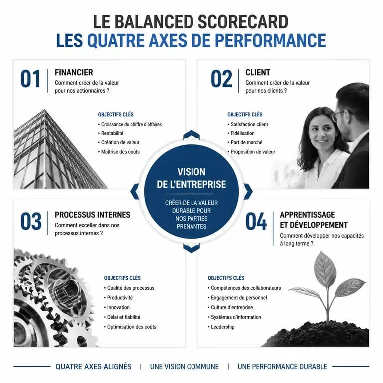 Schéma des quatre axes du Balanced Scorecard pour le pilotage stratégique d'entreprise