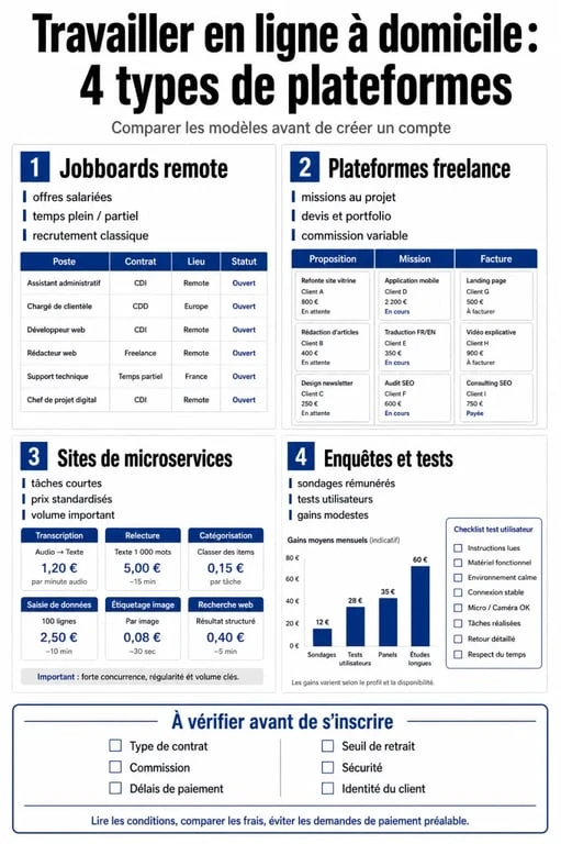 Travail en ligne à domicile : comparaison visuelle des plateformes et points de vigilance