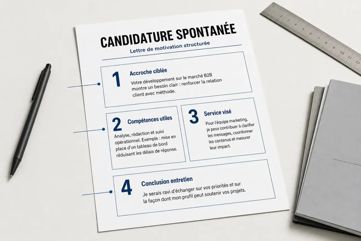 Exemple lettre de motivation pour candidature spontanée : structure visuelle d’une lettre avec accroche, argumentaire, personnalisation et conclusion