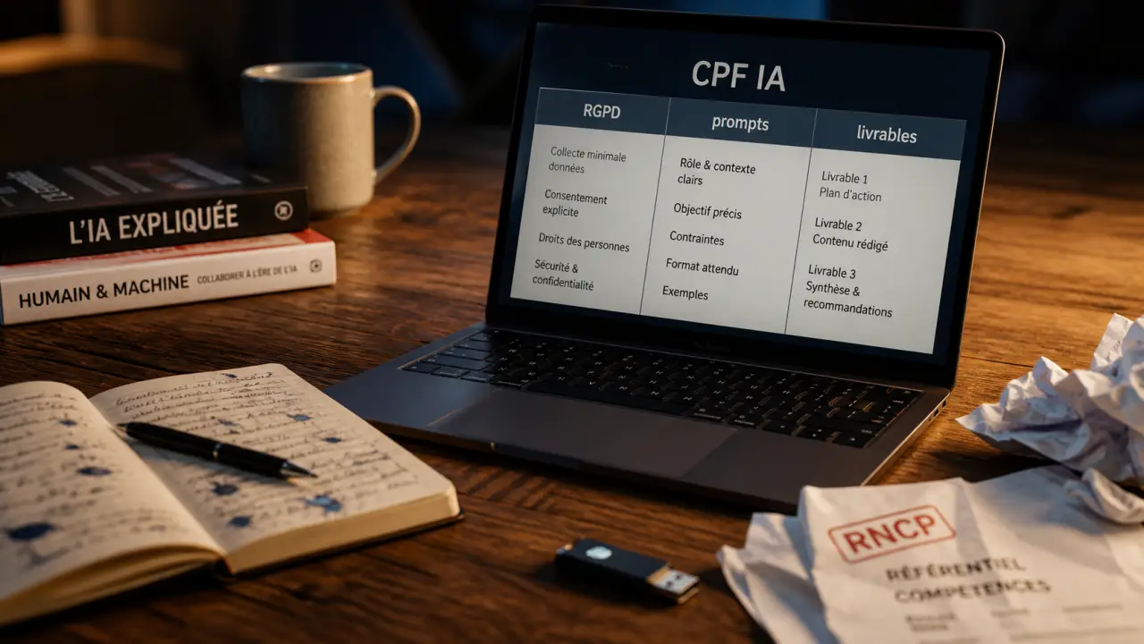 Formation CPF IA 500 € : comparer offres, RGPD, prompts, RNCP