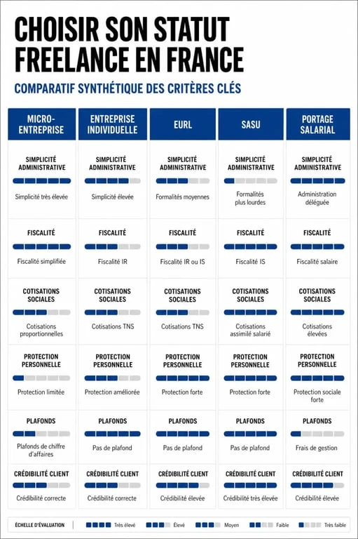 Quel statut pour un freelance : comparaison visuelle des statuts micro-entreprise, entreprise individuelle, EURL, SASU et portage salarial