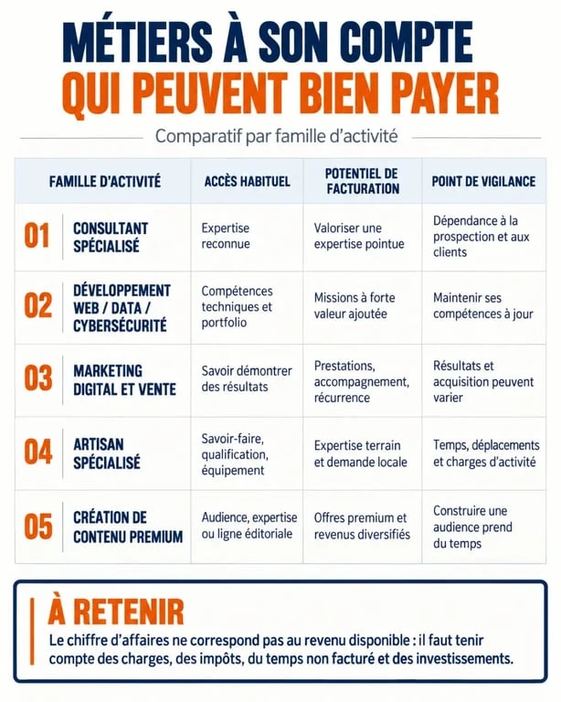 Infographie comparative des métiers à son compte qui payé bien, avec revenus potentiels, accès et points de vigilance